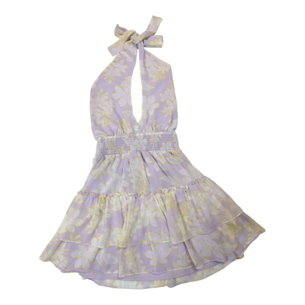 WAYF Dress Mabel Lavender Tropical Halter Coquette Ruffle Smocked Party Lined S